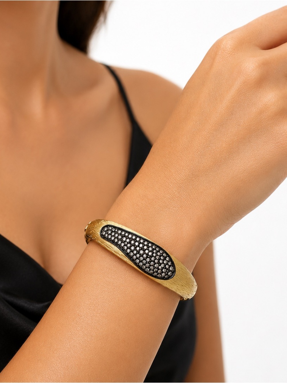 Gold and Black Pave Crystal Hinged Bangle Bracelet